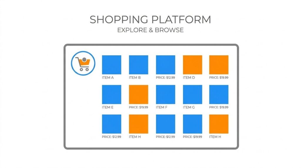 Representación simplificada de plataforma e-commerce con carrito de compra y productos para tienda online Elige segun tu plataforma gestores de contenido y tiendas online